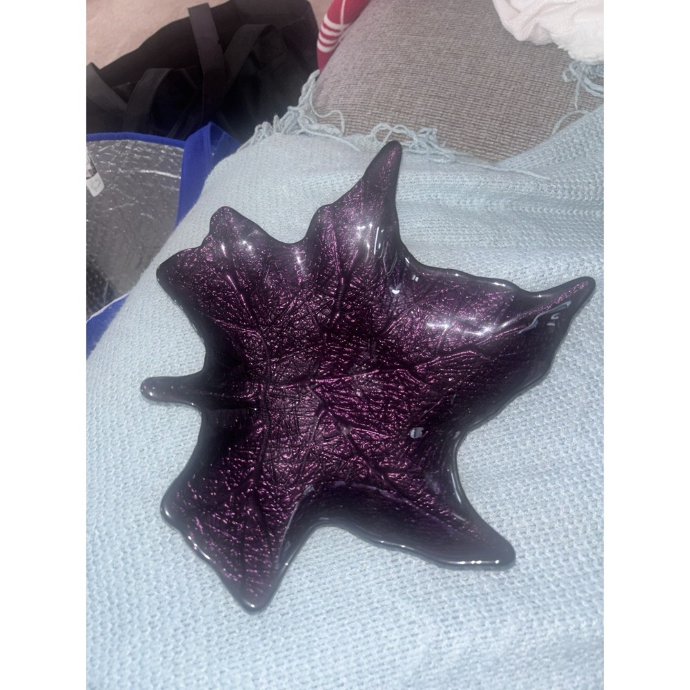 Vintage Maple Leaf Art Glass Dark PurpleIridescent Dish Autumn Decor 9" Gorgeous